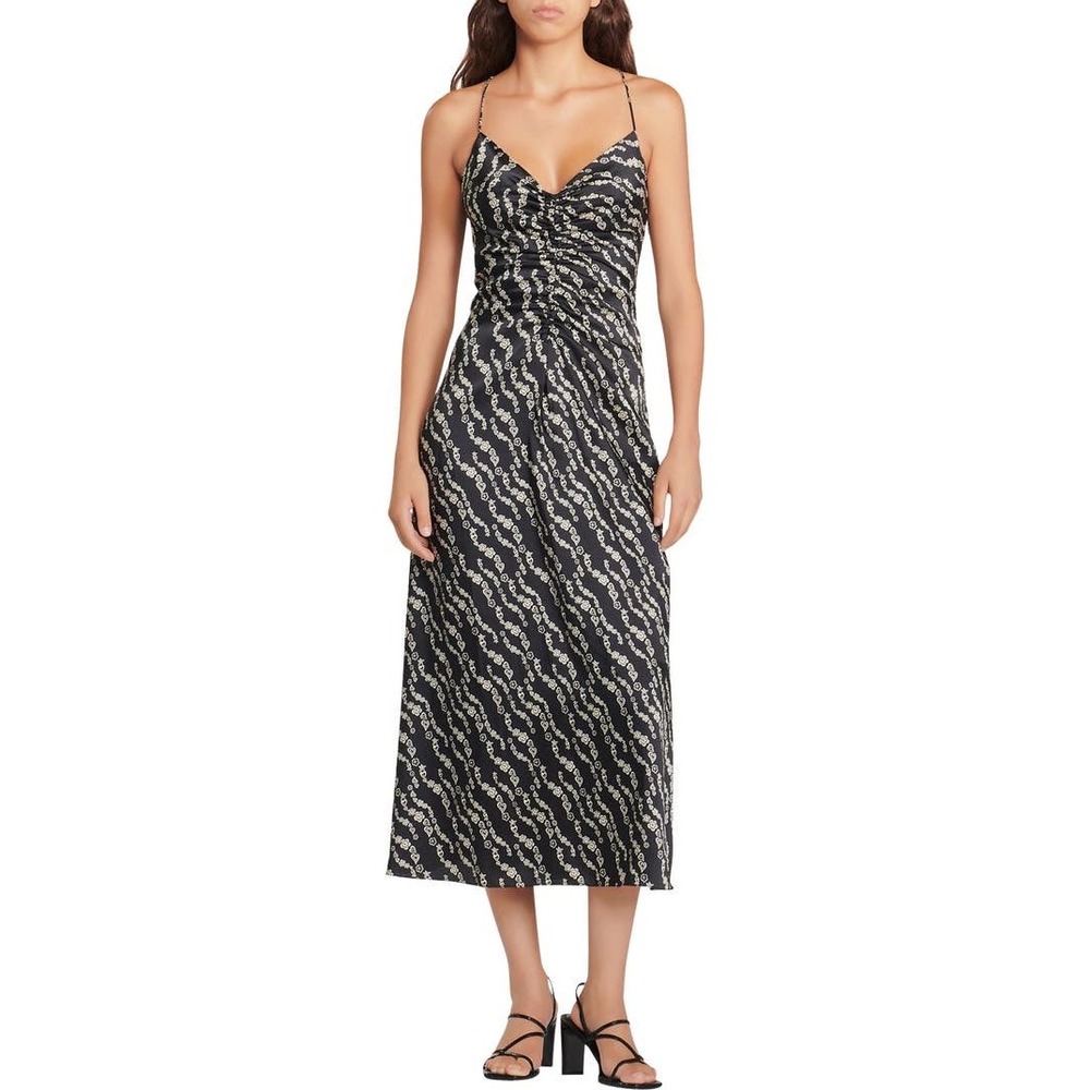 SANDRO Thais Ruched Crossback A-Line Midi Dress Noir Violet Heart Print 36 US 4β